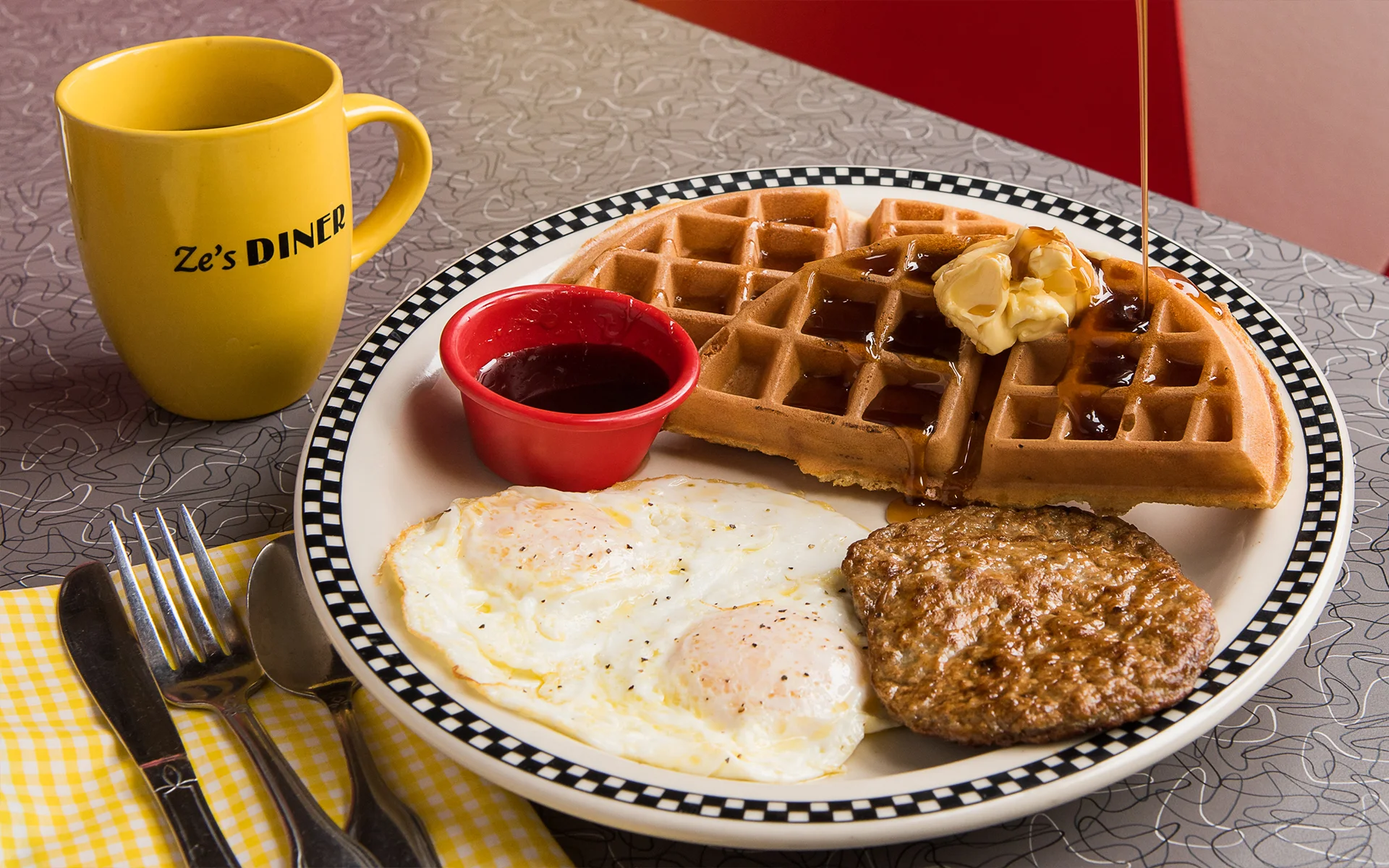 Eggs, Waffles, Sausage, Breakfast & Coffee